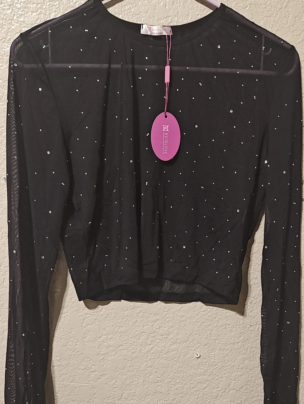 AVIDLOVE Black Sheer Long-Sleeve Rhinestone Tee